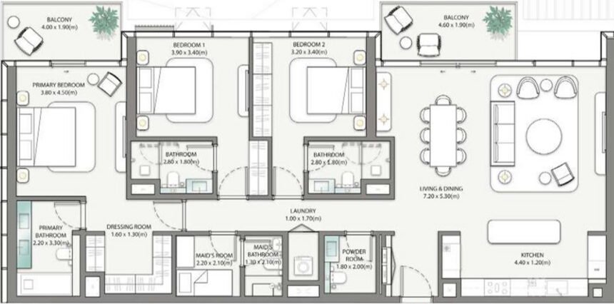 Планировки Palm Central Private Residences - 3 спальни Апартаменты